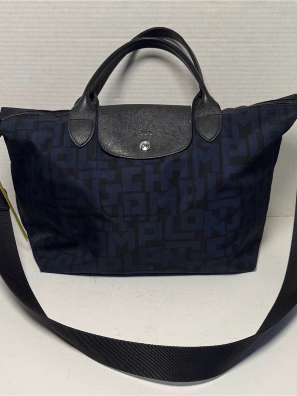 Longchamp Navy and Black Logo-Pattern Duffel Tote